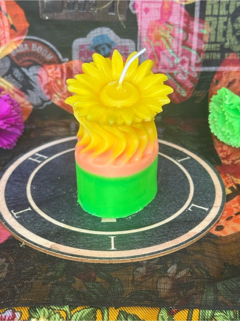 Handmade Sunflower Pillar Candle – Bright Yellow, Peach & Green Floral Candle